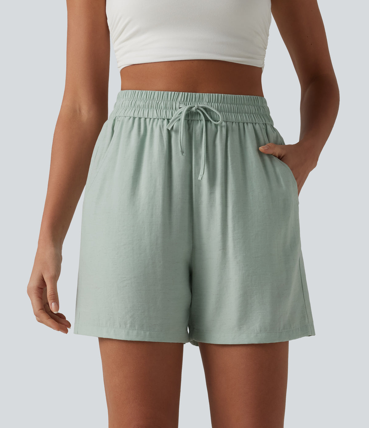 High Waisted Drawstring Casual Linen-Blend Baggy Shorts 5'' with Pockets — Aqua Gray — view 1