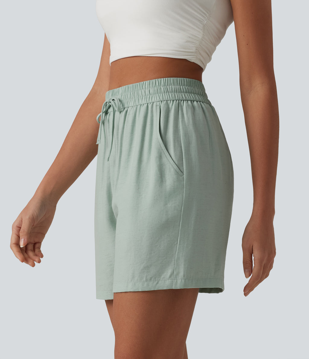 High Waisted Drawstring Casual Linen-Blend Baggy Shorts 5'' with Pockets — Aqua Gray — view 4