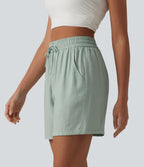 High Waisted Drawstring Casual Linen-Blend Baggy Shorts 5'' with Pockets — Aqua Gray — view 4