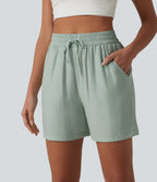 High Waisted Drawstring Casual Linen-Blend Baggy Shorts 5'' with Pockets — Aqua Gray — view 6