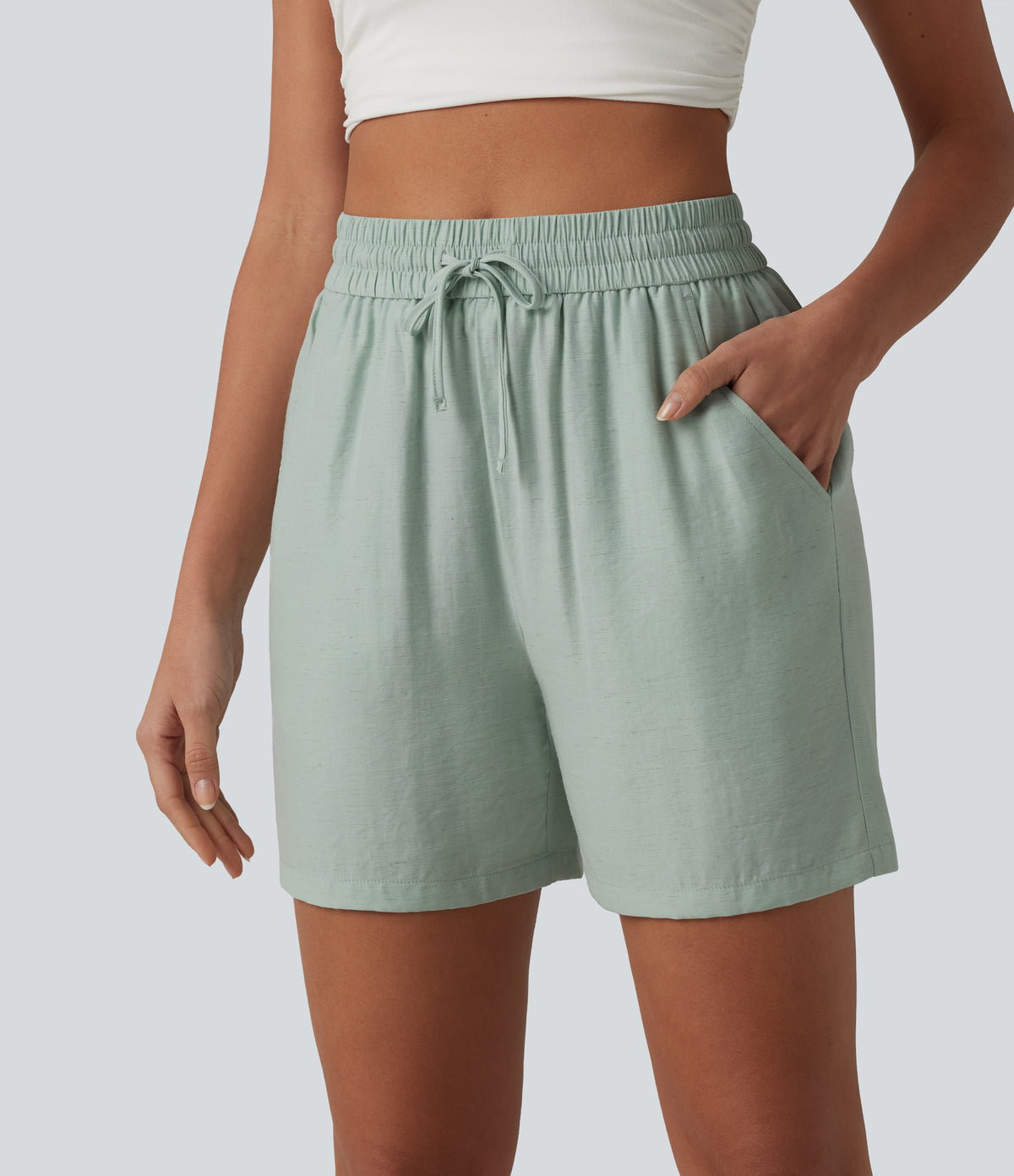 High Waisted Drawstring Casual Linen-Blend Baggy Shorts 5'' with Pockets — Aqua Gray — view 6