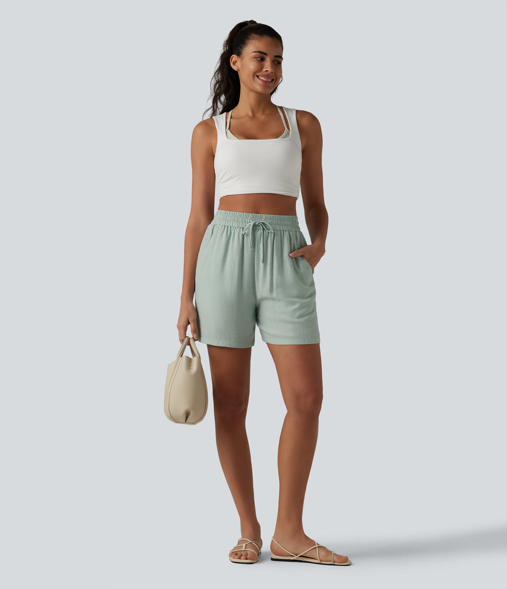 High Waisted Drawstring Casual Linen-Blend Baggy Shorts 5'' with Pockets — Aqua Gray — view 8