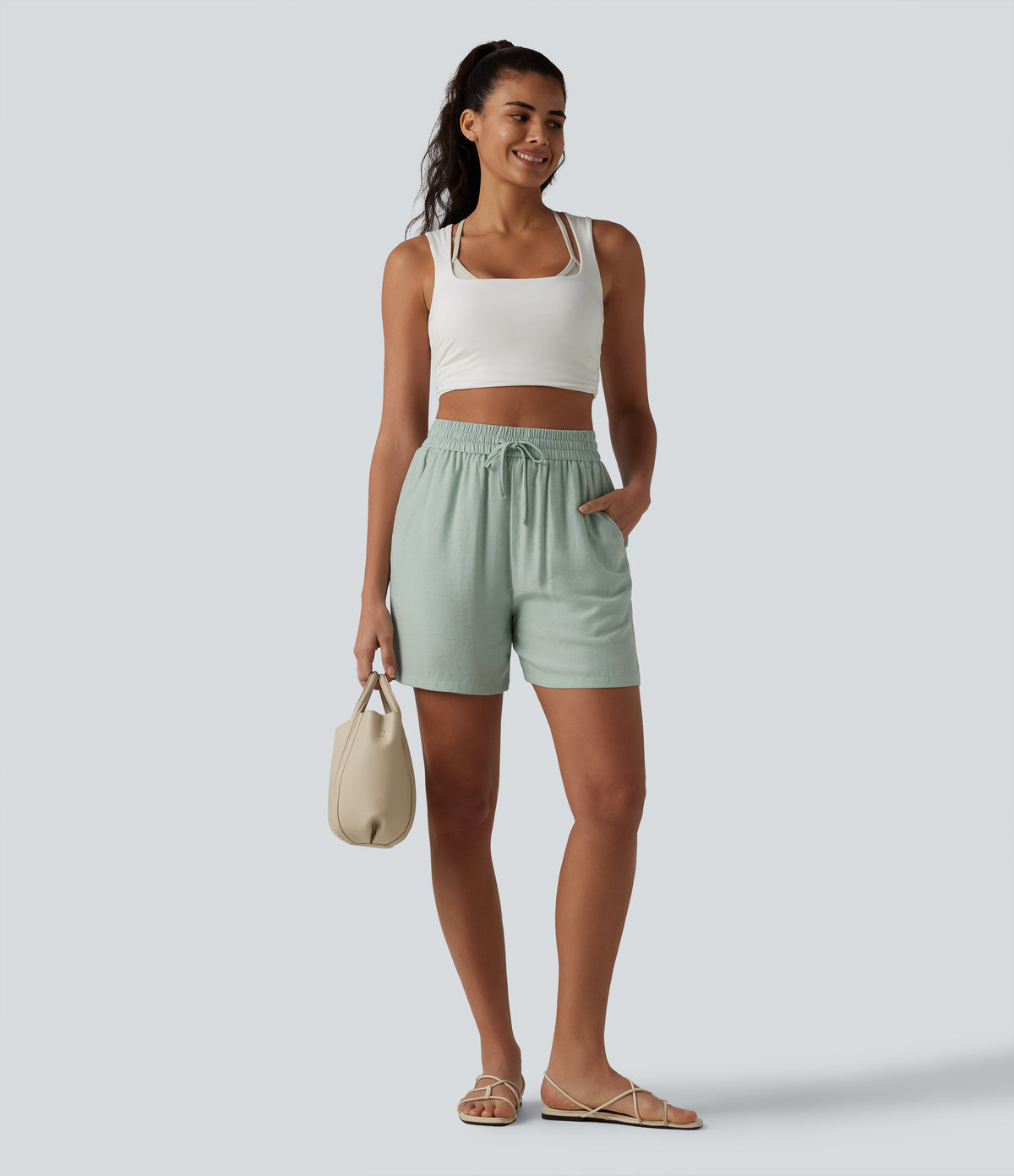 High Waisted Drawstring Casual Linen-Blend Baggy Shorts 5'' with Pockets — Aqua Gray — view 8