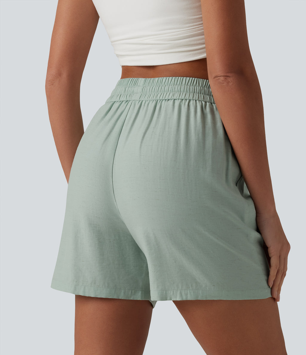 High Waisted Drawstring Casual Linen-Blend Baggy Shorts 5'' with Pockets — Aqua Gray — view 7