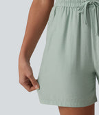 High Waisted Drawstring Casual Linen-Blend Baggy Shorts 5'' with Pockets — Aqua Gray — view 5