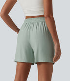 High Waisted Drawstring Casual Linen-Blend Baggy Shorts 5'' with Pockets — Aqua Gray — view 3