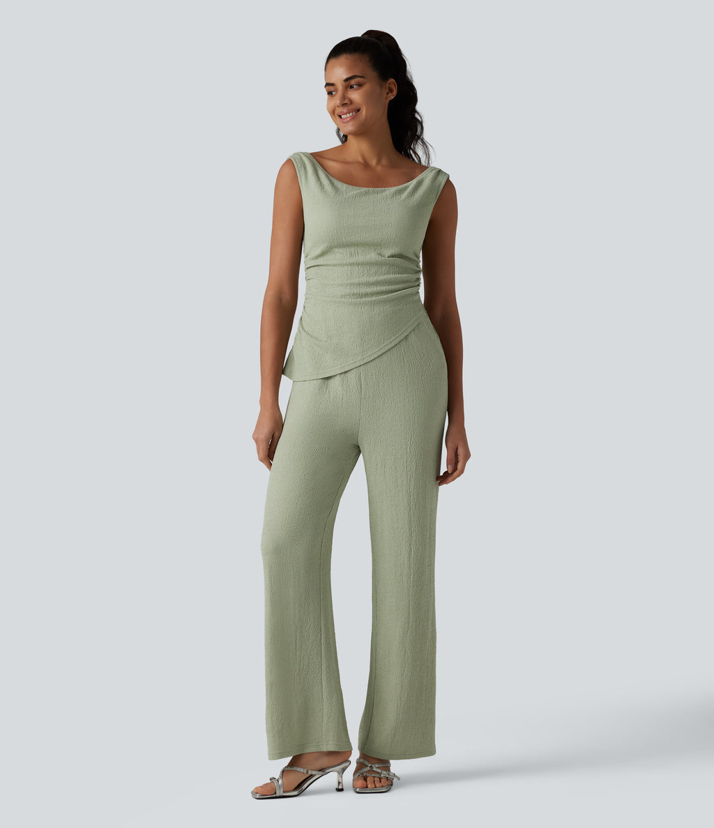 Off Shoulder Built-in Bra Casual Jumpsuit-Edition — Laurel Green — view 3