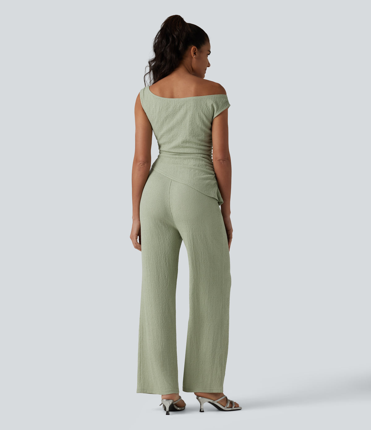 Off Shoulder Built-in Bra Casual Jumpsuit-Edition — Laurel Green — view 4