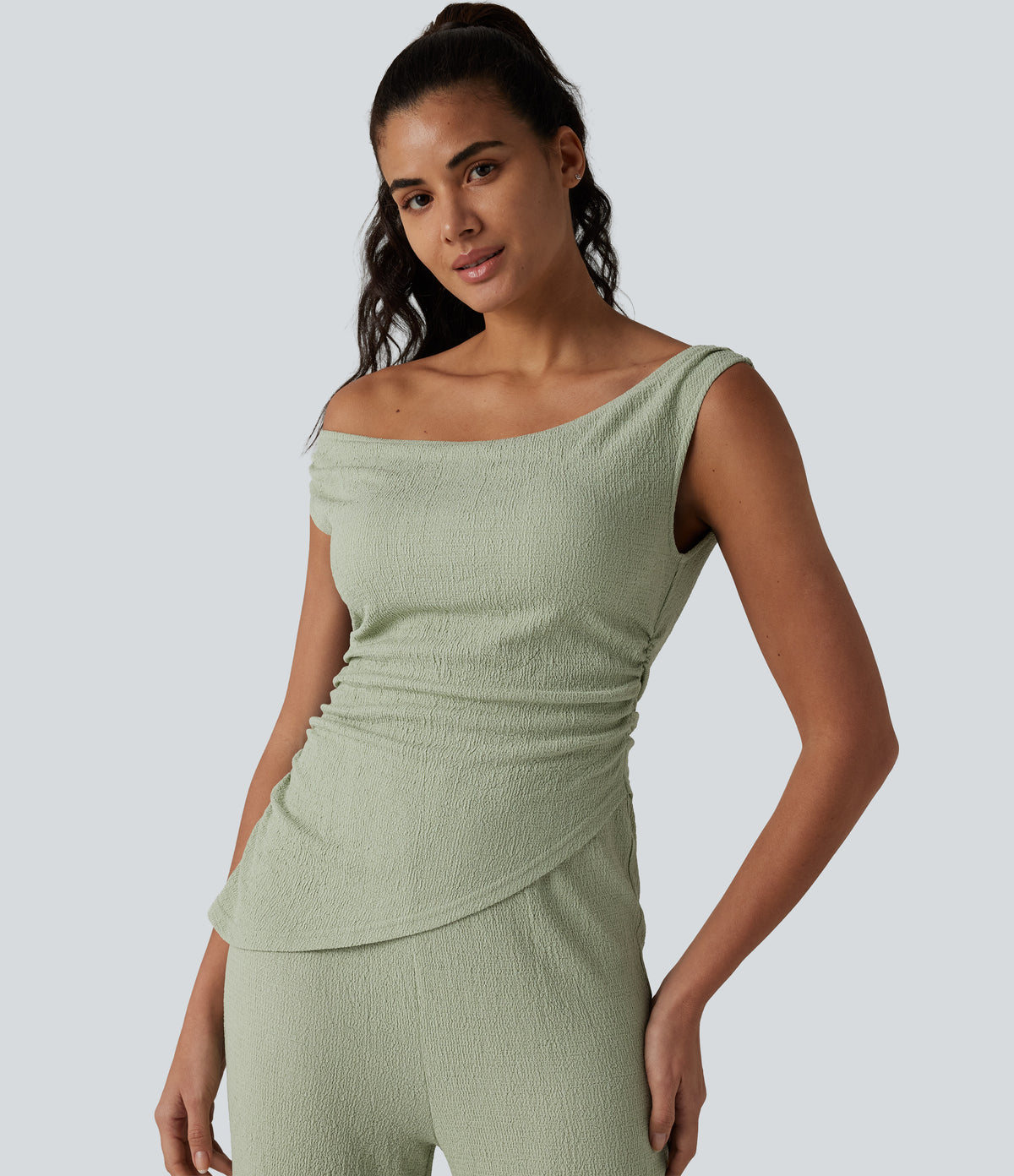 Off Shoulder Built-in Bra Casual Jumpsuit-Edition — Laurel Green — view 8
