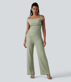 Off Shoulder Built-in Bra Casual Jumpsuit-Edition — Laurel Green — view 2