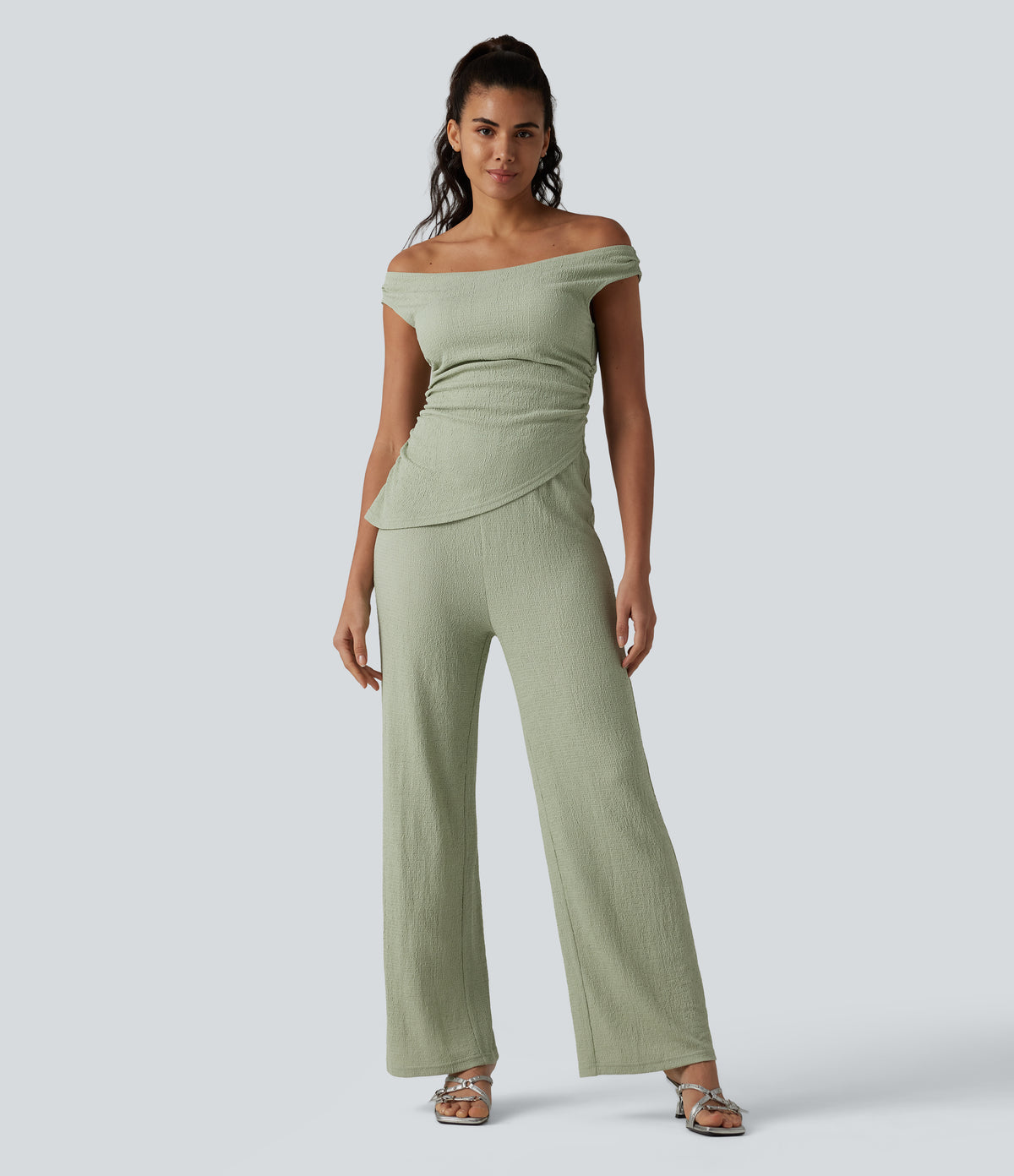 Off Shoulder Built-in Bra Casual Jumpsuit-Edition — Laurel Green — view 2