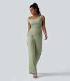 Off Shoulder Built-in Bra Casual Jumpsuit-Edition — Laurel Green — view 5