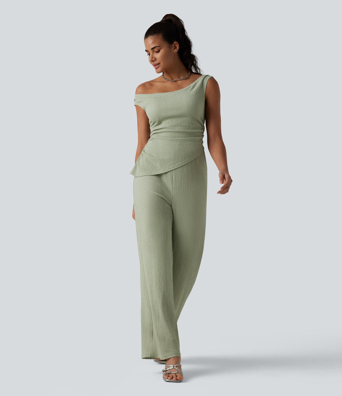 Off Shoulder Built-in Bra Casual Jumpsuit-Edition — Laurel Green — view 5