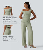 Off Shoulder Built-in Bra Casual Jumpsuit-Edition — Laurel Green — view 1