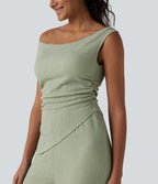 Off Shoulder Built-in Bra Casual Jumpsuit-Edition — Laurel Green — view 7