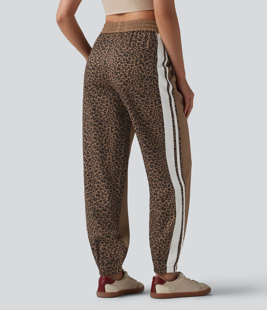 Mid Rise Drawstring Color Block Stripes Contrast Leopard Casual Joggers with Pockets — Black Coffee Leopard Print — view 2