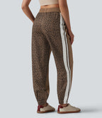 Mid Rise Drawstring Color Block Stripes Contrast Leopard Casual Joggers with Pockets — Black Coffee Leopard Print — view 2