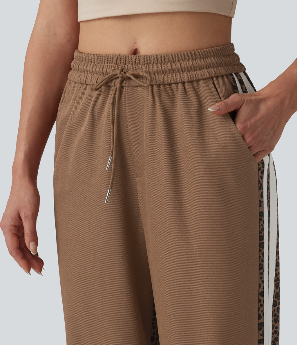 Mid Rise Drawstring Color Block Stripes Contrast Leopard Casual Joggers with Pockets — Black Coffee Leopard Print — view 4