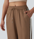 Mid Rise Drawstring Color Block Stripes Contrast Leopard Casual Joggers with Pockets — Black Coffee Leopard Print — view 4