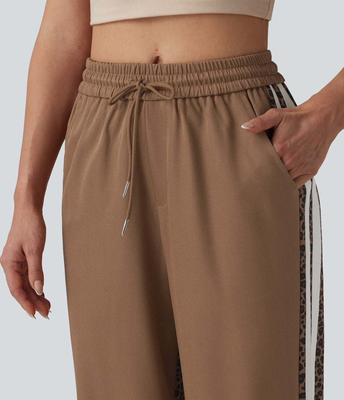 Mid Rise Drawstring Color Block Stripes Contrast Leopard Casual Joggers with Pockets — Black Coffee Leopard Print — view 4