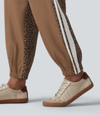 Mid Rise Drawstring Color Block Stripes Contrast Leopard Casual Joggers with Pockets — Black Coffee Leopard Print — view 6
