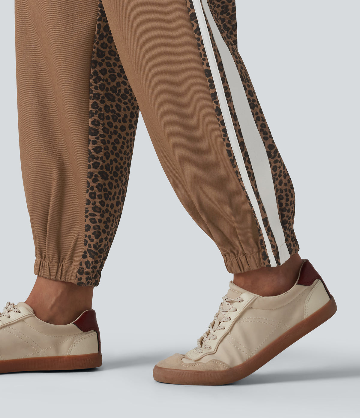 Mid Rise Drawstring Color Block Stripes Contrast Leopard Casual Joggers with Pockets — Black Coffee Leopard Print — view 6