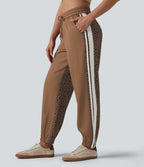 Mid Rise Drawstring Color Block Stripes Contrast Leopard Casual Joggers with Pockets — Black Coffee Leopard Print — view 1