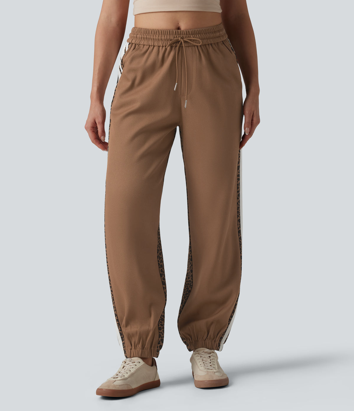 Mid Rise Drawstring Color Block Stripes Contrast Leopard Casual Joggers with Pockets — Black Coffee Leopard Print — view 3