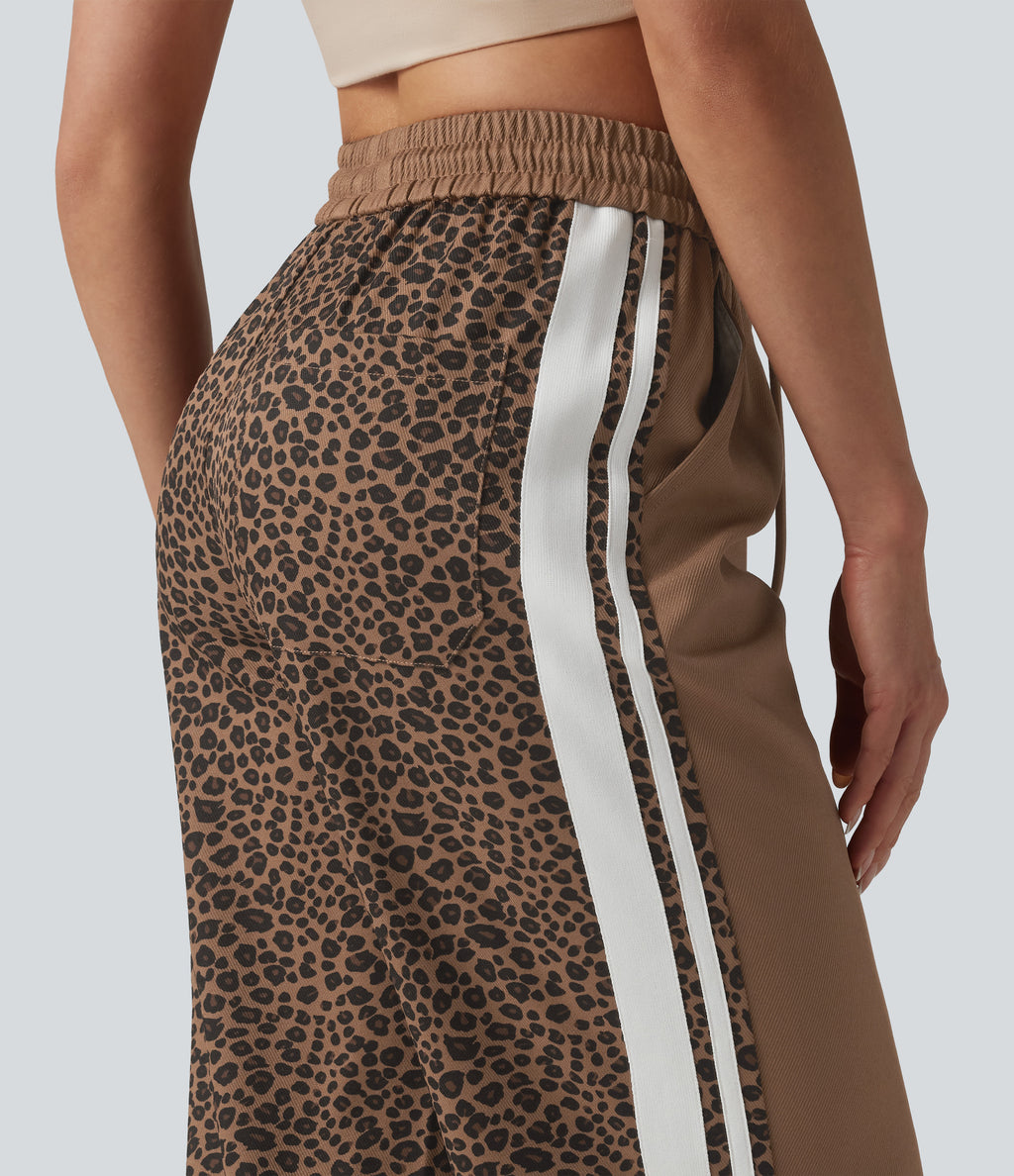 Mid Rise Drawstring Color Block Stripes Contrast Leopard Casual Joggers with Pockets — Black Coffee Leopard Print — view 5