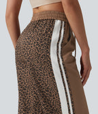 Mid Rise Drawstring Color Block Stripes Contrast Leopard Casual Joggers with Pockets — Black Coffee Leopard Print — view 5
