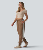 Mid Rise Drawstring Color Block Stripes Contrast Leopard Casual Joggers with Pockets — Black Coffee Leopard Print — view 7