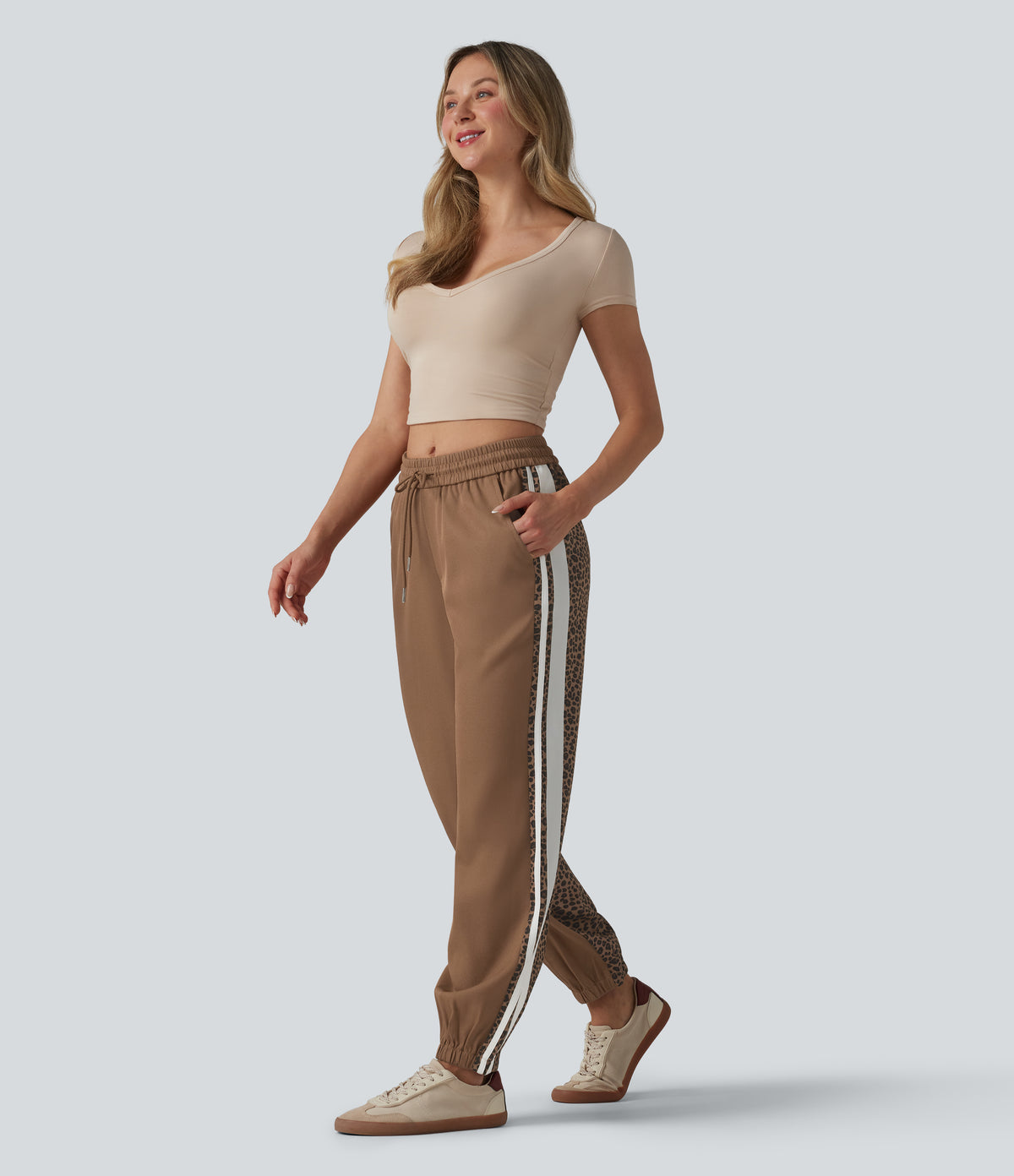 Mid Rise Drawstring Color Block Stripes Contrast Leopard Casual Joggers with Pockets — Black Coffee Leopard Print — view 7