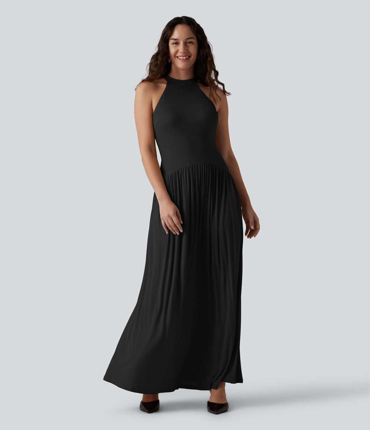 Ribbed Racerback Built-in Bra Maxi Dress with Pockets — Black — view 6