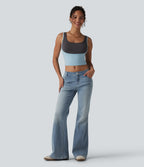 Low Rise Flare Casual Jeans with Pockets — Coronet Blue Denim — view 6