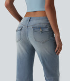 Low Rise Flare Casual Jeans with Pockets — Coronet Blue Denim — view 5