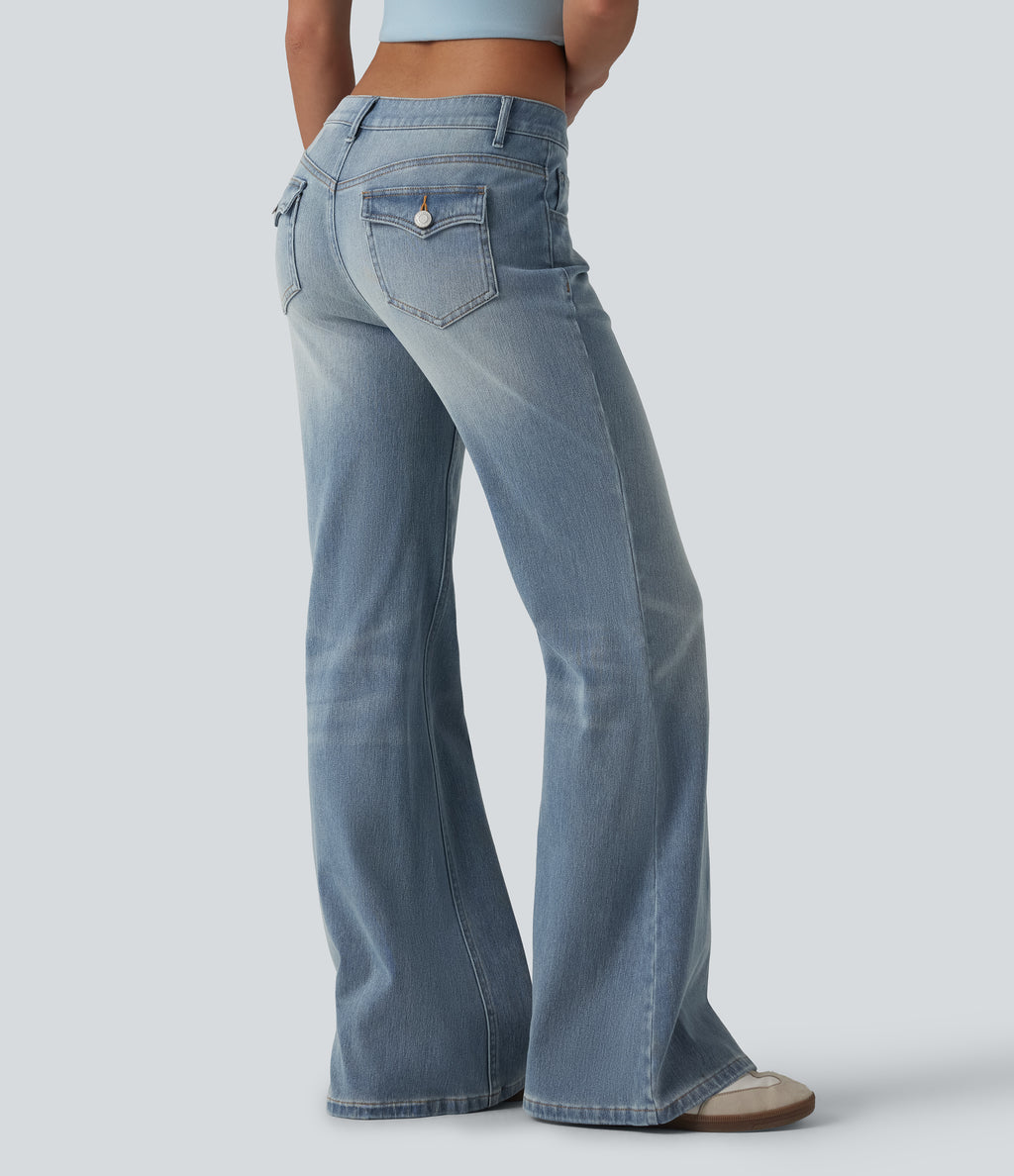 Low Rise Flare Casual Jeans with Pockets — Coronet Blue Denim — view 2