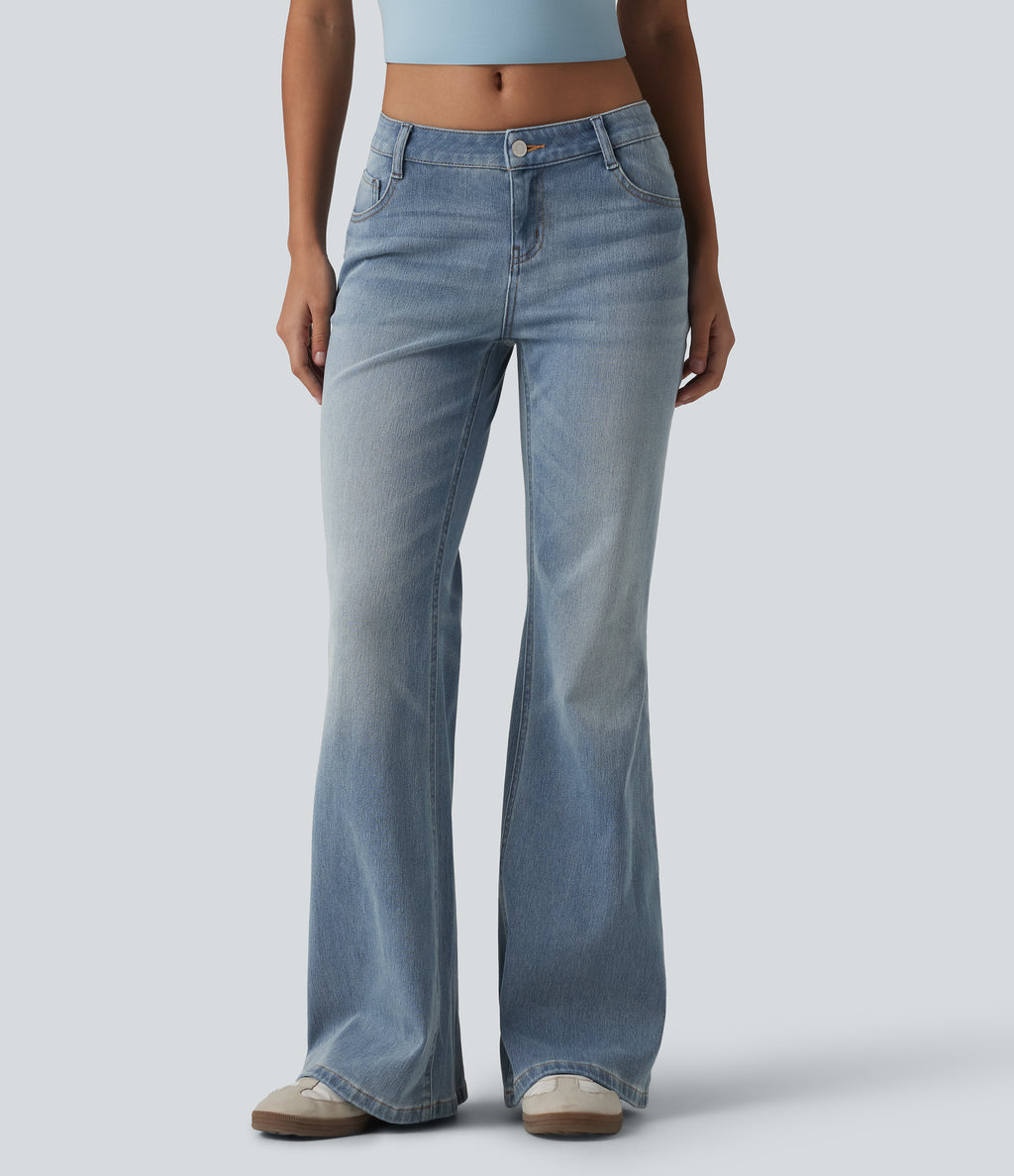 Low Rise Flare Casual Jeans with Pockets — Coronet Blue Denim — view 3