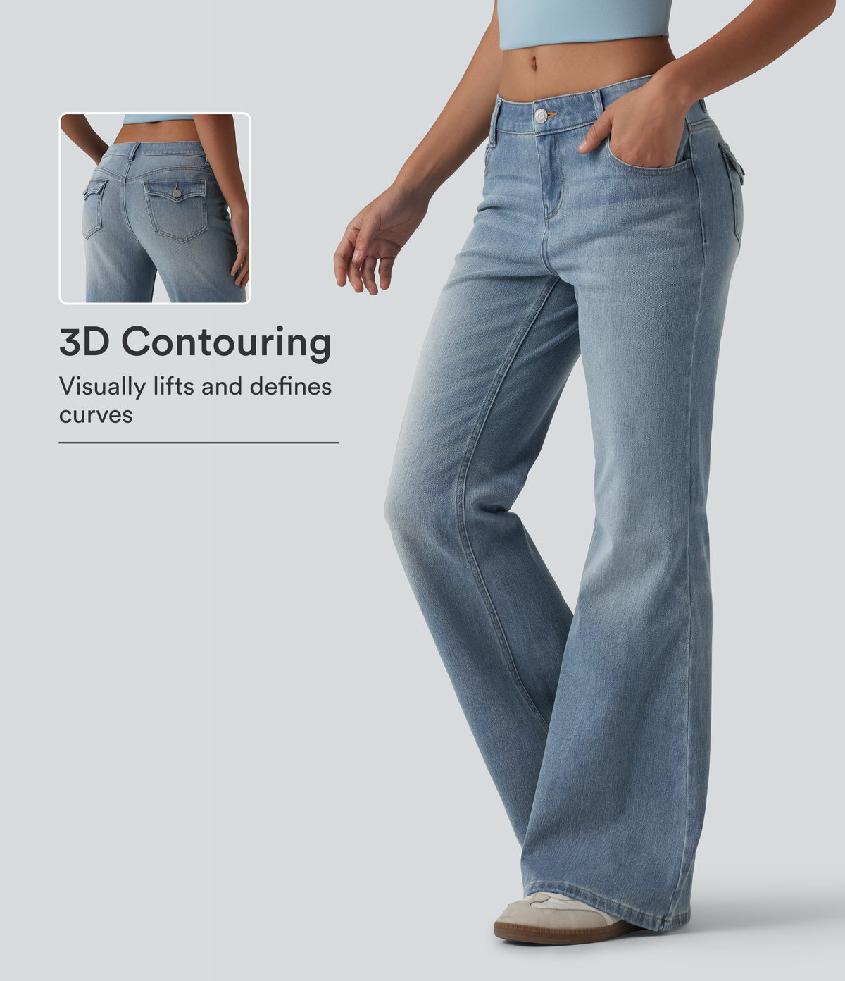 Low Rise Flare Casual Jeans with Pockets — Coronet Blue Denim — view 1