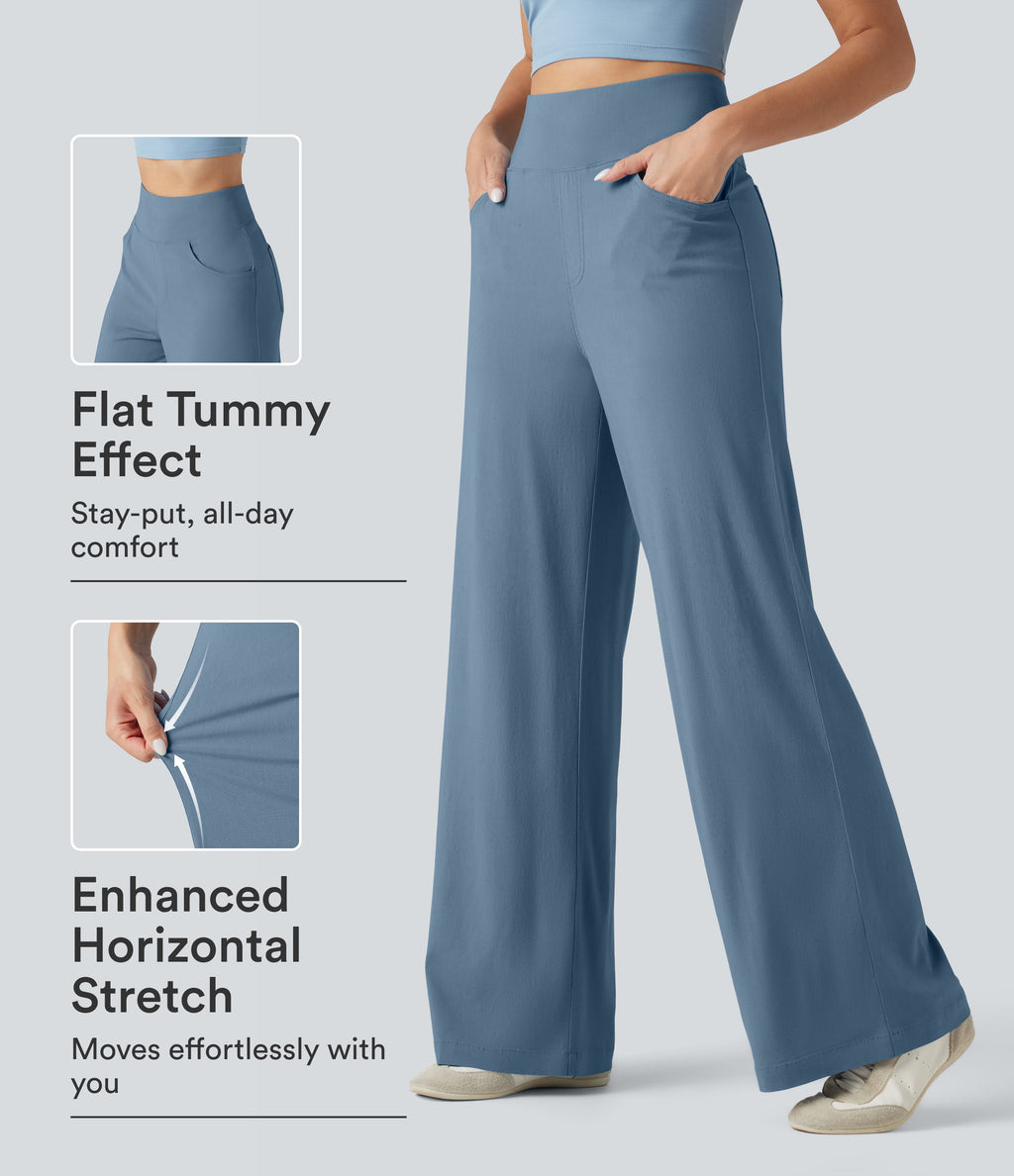 High Waisted Tummy Control Wide Leg Casual Stretch Linen Trousers with Pockets — Washed Cloud Blue — view 1