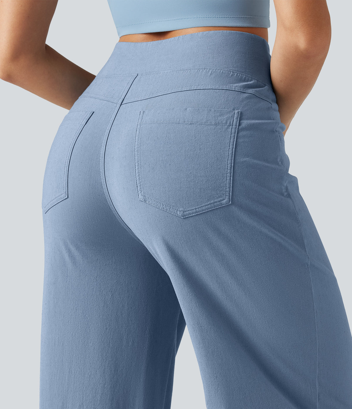 High Waisted Tummy Control Wide Leg Casual Stretch Linen Trousers with Pockets — Washed Cloud Blue — view 5