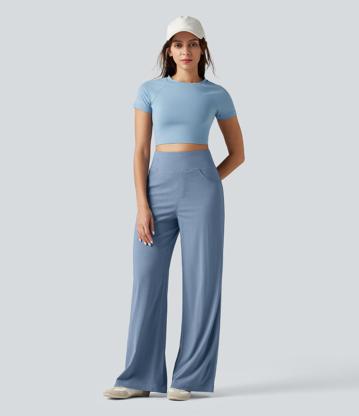 High Waisted Tummy Control Wide Leg Casual Stretch Linen Trousers with Pockets — Washed Cloud Blue — view 8
