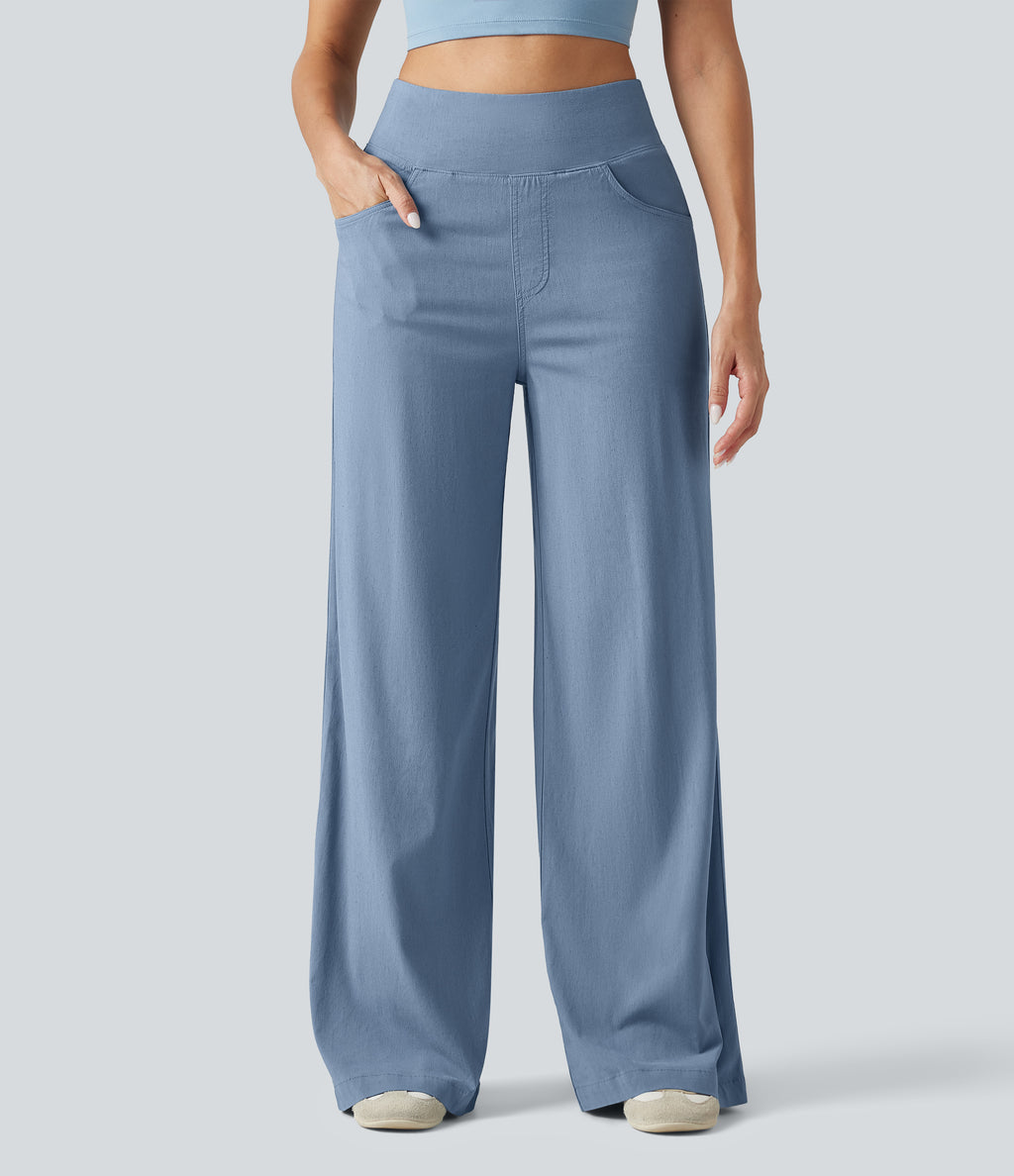 High Waisted Tummy Control Wide Leg Casual Stretch Linen Trousers with Pockets — Washed Cloud Blue — view 3