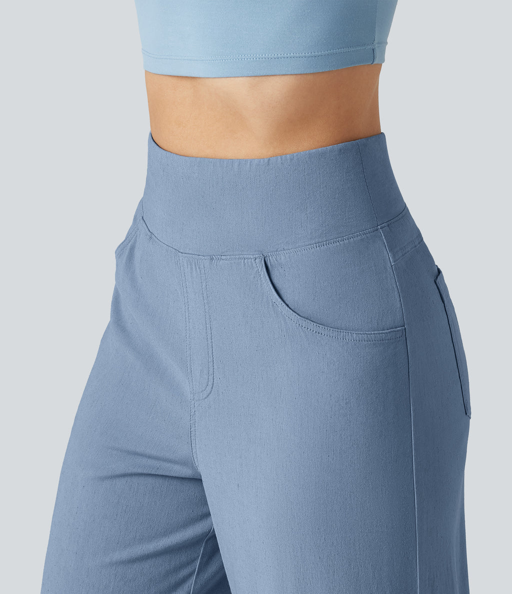 High Waisted Tummy Control Wide Leg Casual Stretch Linen Trousers with Pockets — Washed Cloud Blue — view 4
