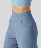 High Waisted Tummy Control Wide Leg Casual Stretch Linen Trousers with Pockets — Washed Cloud Blue — view 4