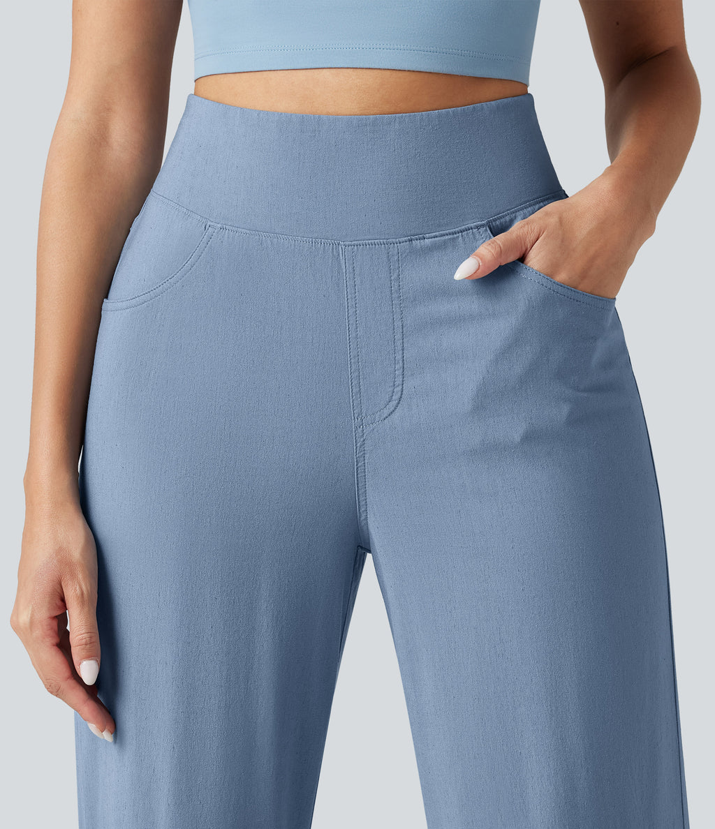 High Waisted Tummy Control Wide Leg Casual Stretch Linen Trousers with Pockets — Washed Cloud Blue — view 6