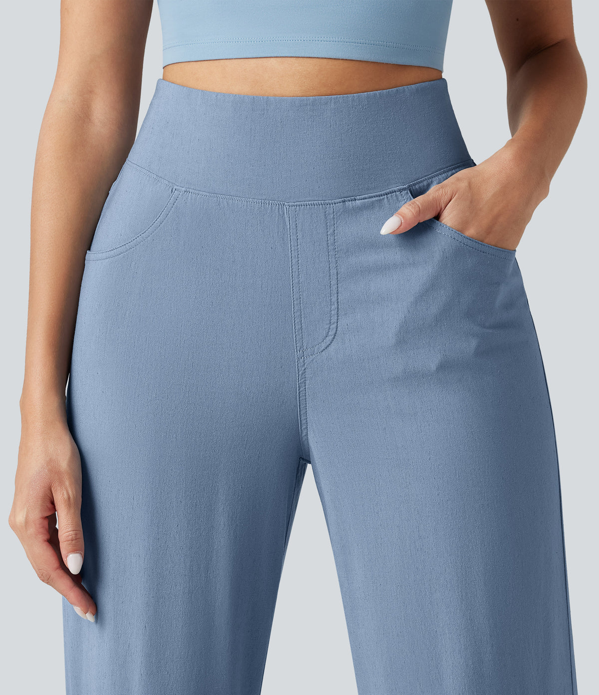 High Waisted Tummy Control Wide Leg Casual Stretch Linen Trousers with Pockets — Washed Cloud Blue — view 6