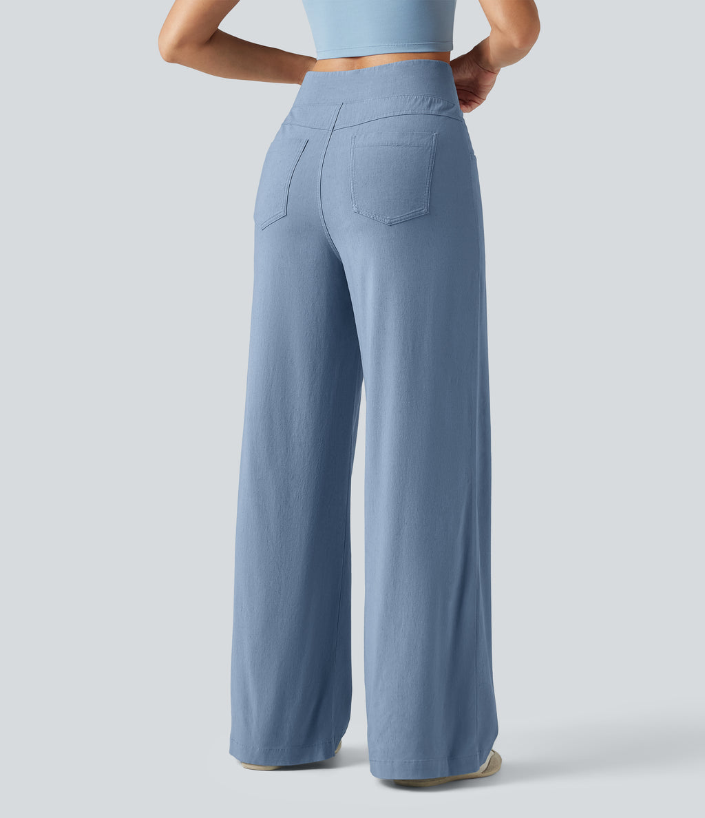 High Waisted Tummy Control Wide Leg Casual Stretch Linen Trousers with Pockets — Washed Cloud Blue — view 2