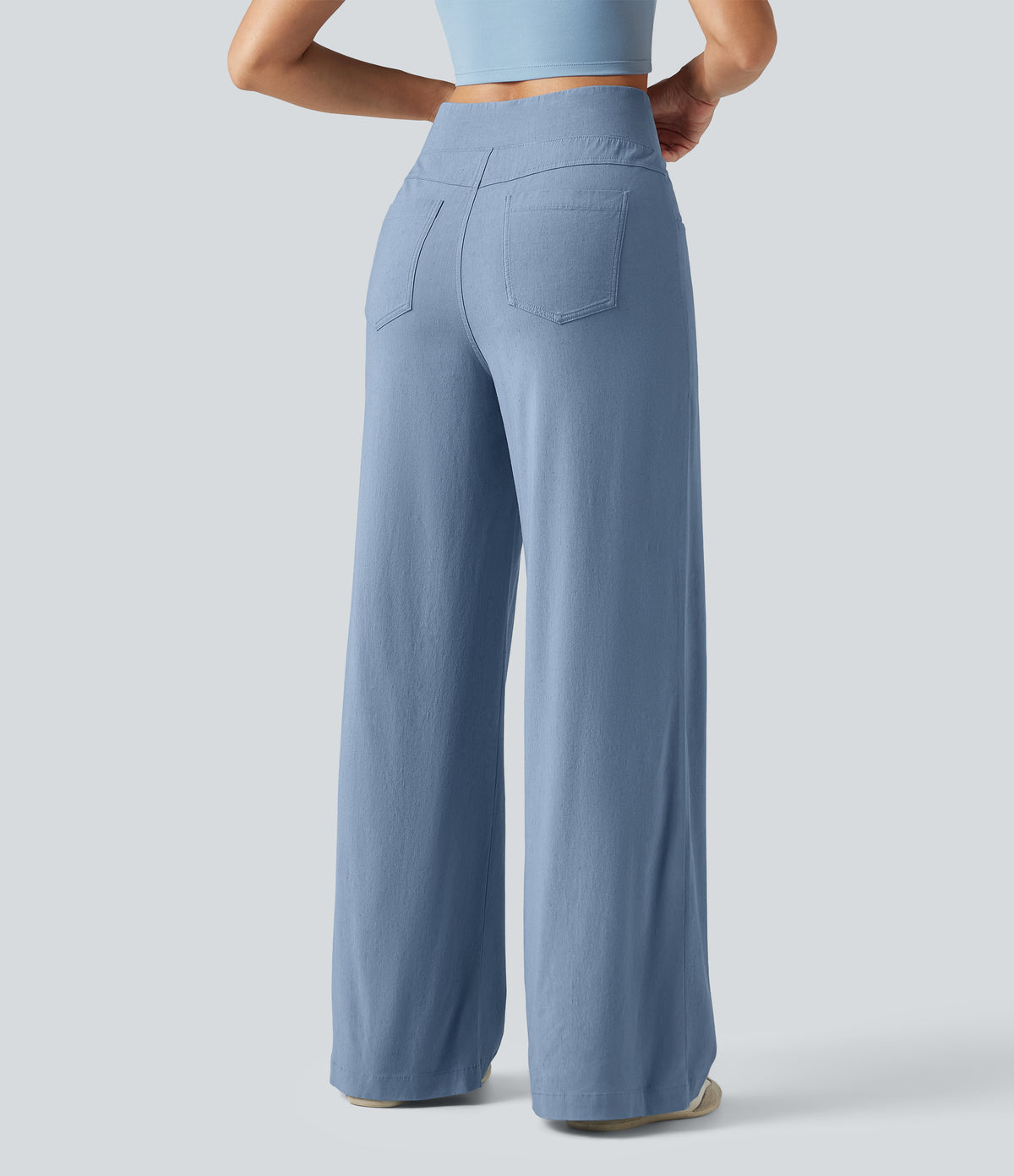 High Waisted Tummy Control Wide Leg Casual Stretch Linen Trousers with Pockets — Washed Cloud Blue — view 2