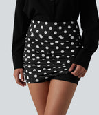 High Waisted Tummy Control Ruched Curved Hem Bodycon 2-in-1 Printed Mini Skirt — Midnight Dot — view 5
