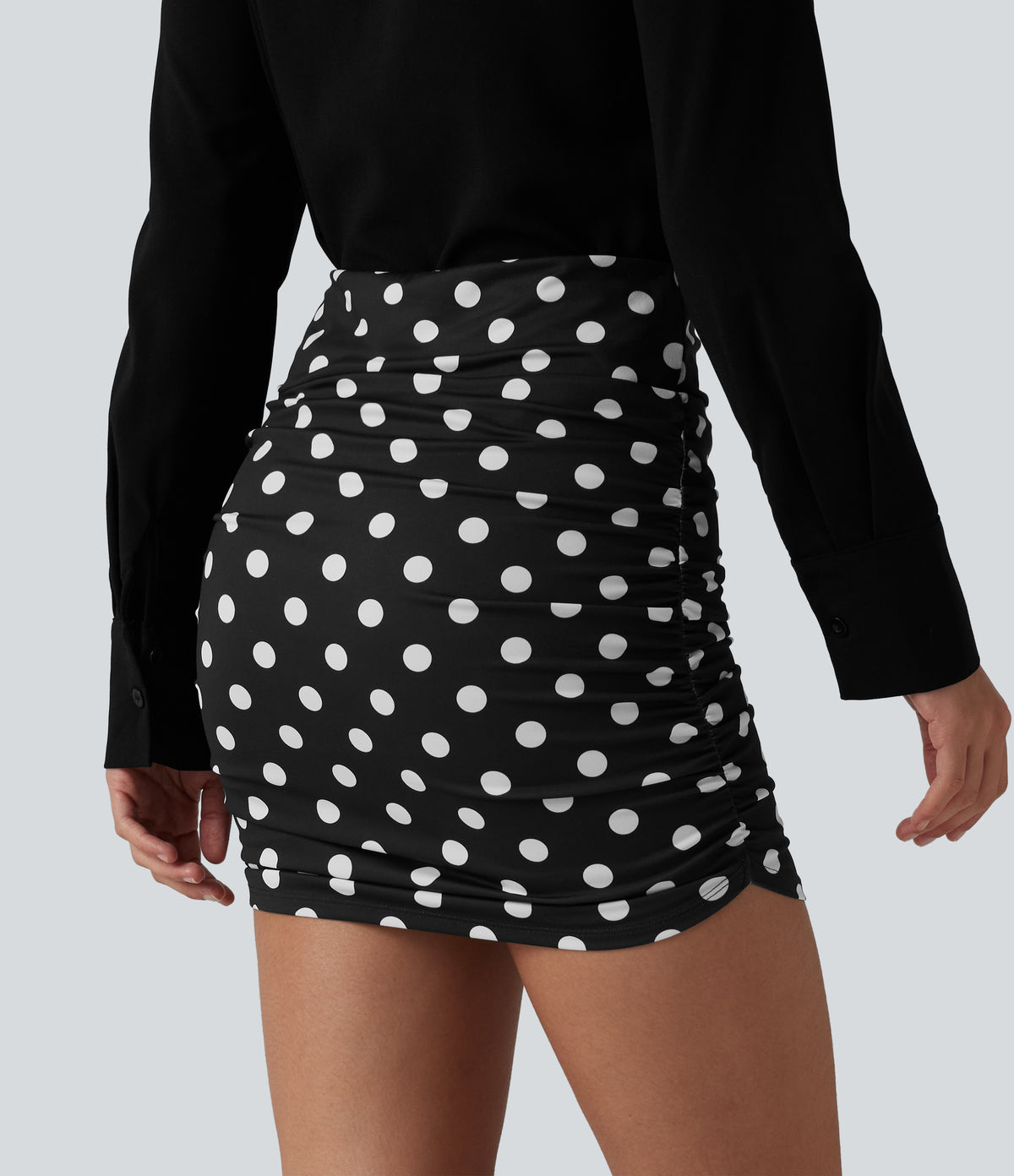 High Waisted Tummy Control Ruched Curved Hem Bodycon 2-in-1 Printed Mini Skirt — Midnight Dot — view 4